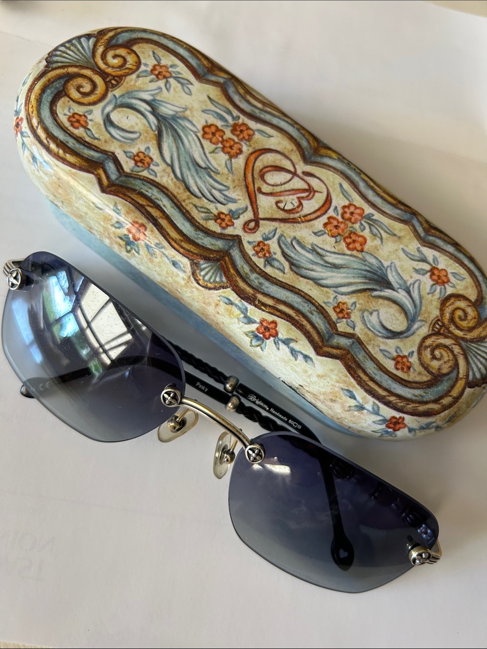 Vintage Brighton "Pinky" rimless sunglasses, pink crystals/leather rope temples